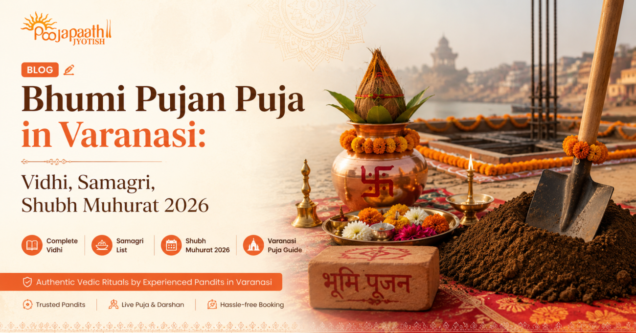 Bhumi Pujan Puja in Varanasi with Kalash, sacred rituals, construction site, and Shubh Muhurat 2026 guide for online booking